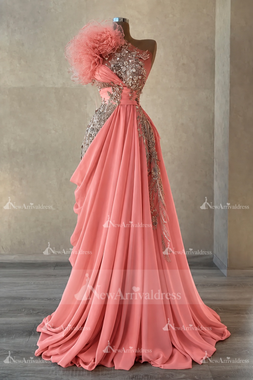 Stunning One Shoulder Flowers Ruched Satin Evening Dress Appliques Aline Party Dress