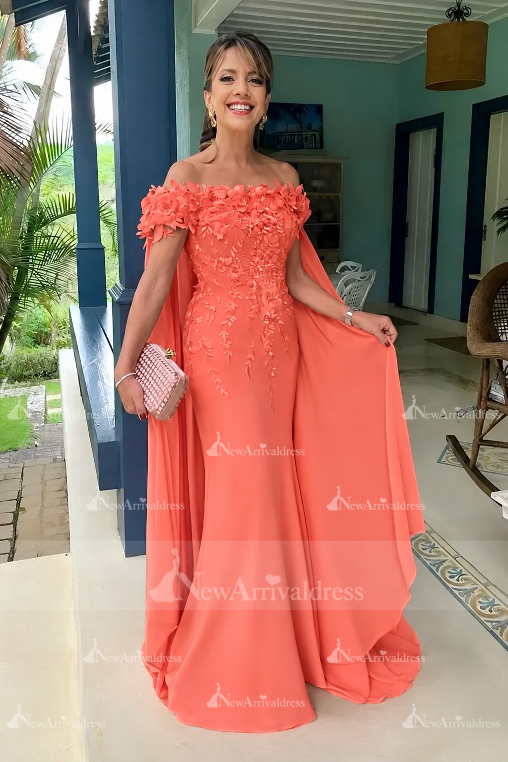 Off-the-Shoulder Pink Chiffon Flowers Long Mother of the Bride Dress with Cape