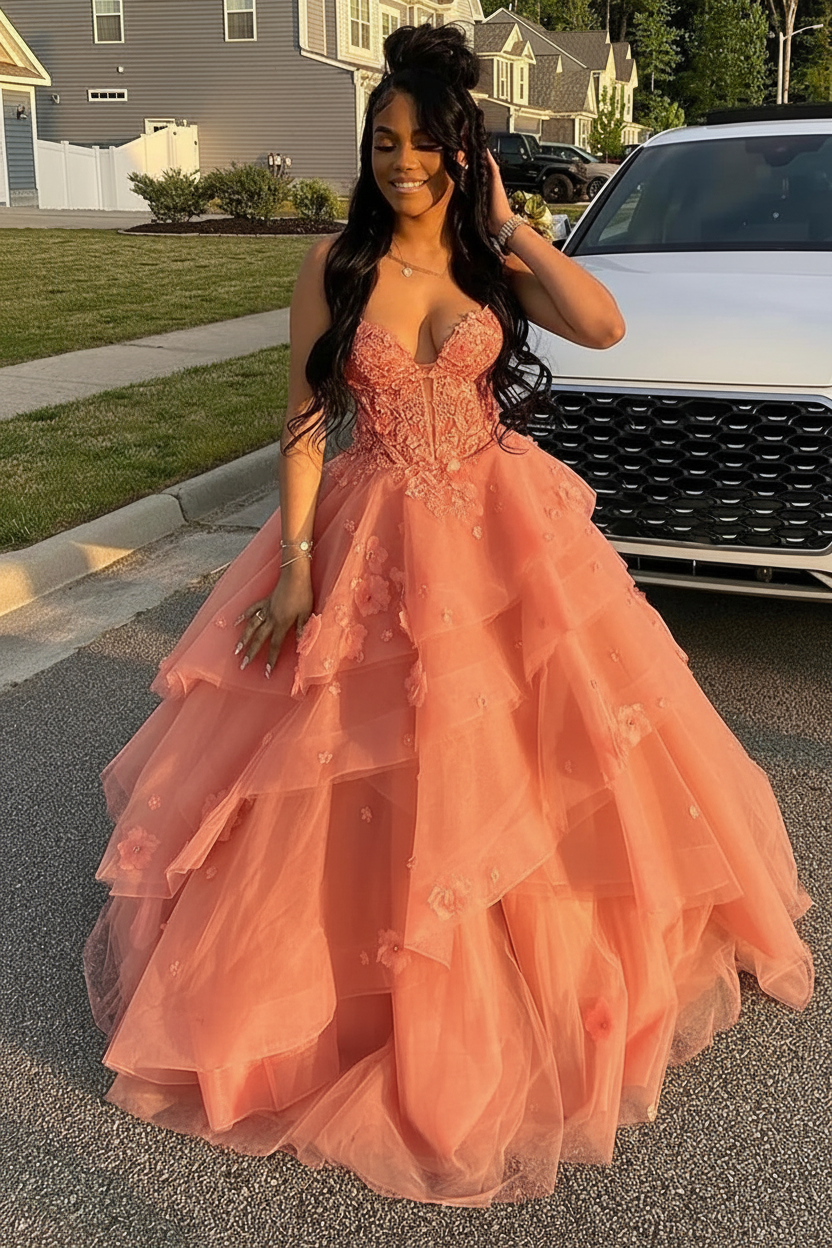 Coral Spaghetti Straps Tulle Aline Prom Dress Floral Tiered Ruffles Corset Formal Dress
