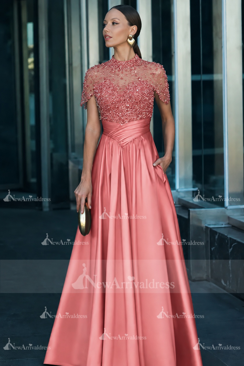 Dark Green Short Sleeves  Satin A-line Evening Dress with Beadings
