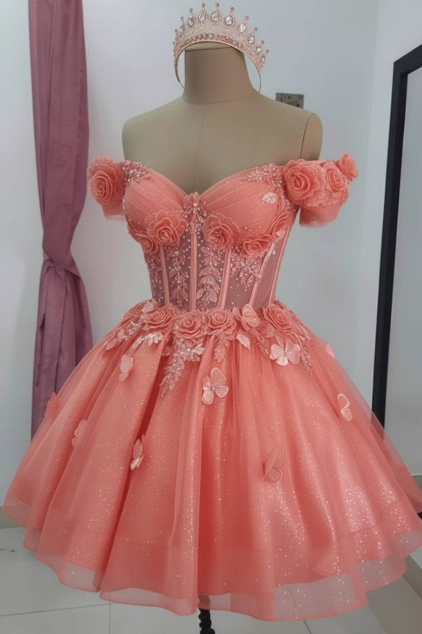 Coral Sparkly Off Shoulder Tulle Homecoming Dresses Short