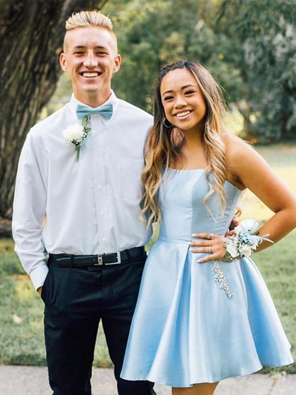 Strapless Sky Blue Satin Short Homecoming Dresses with Pocket-newarrivaldress