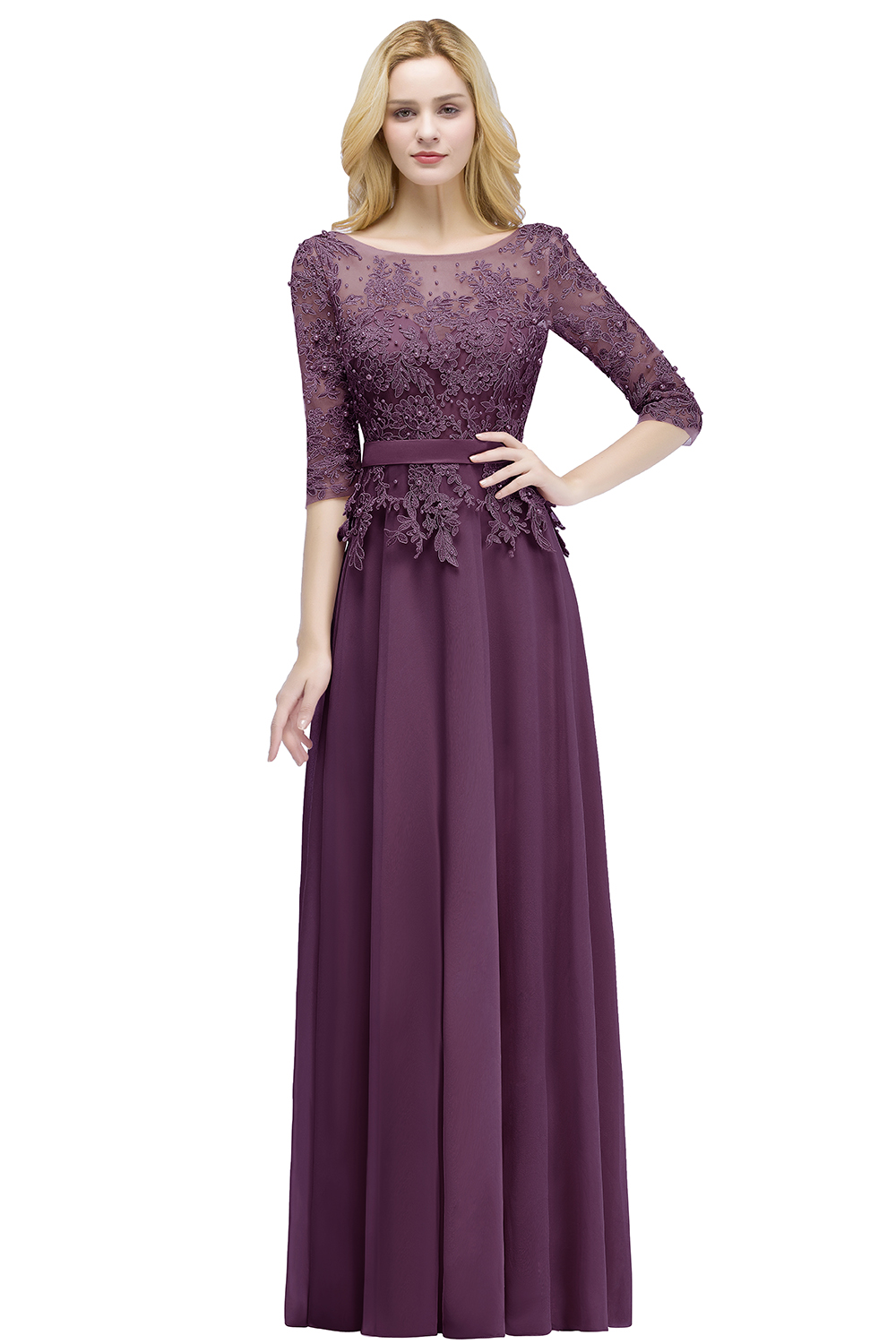 PAMELA | A-line Floor Length Half Sleeves Appliques Bridesmaid Dresses with Sash-newarrivaldress