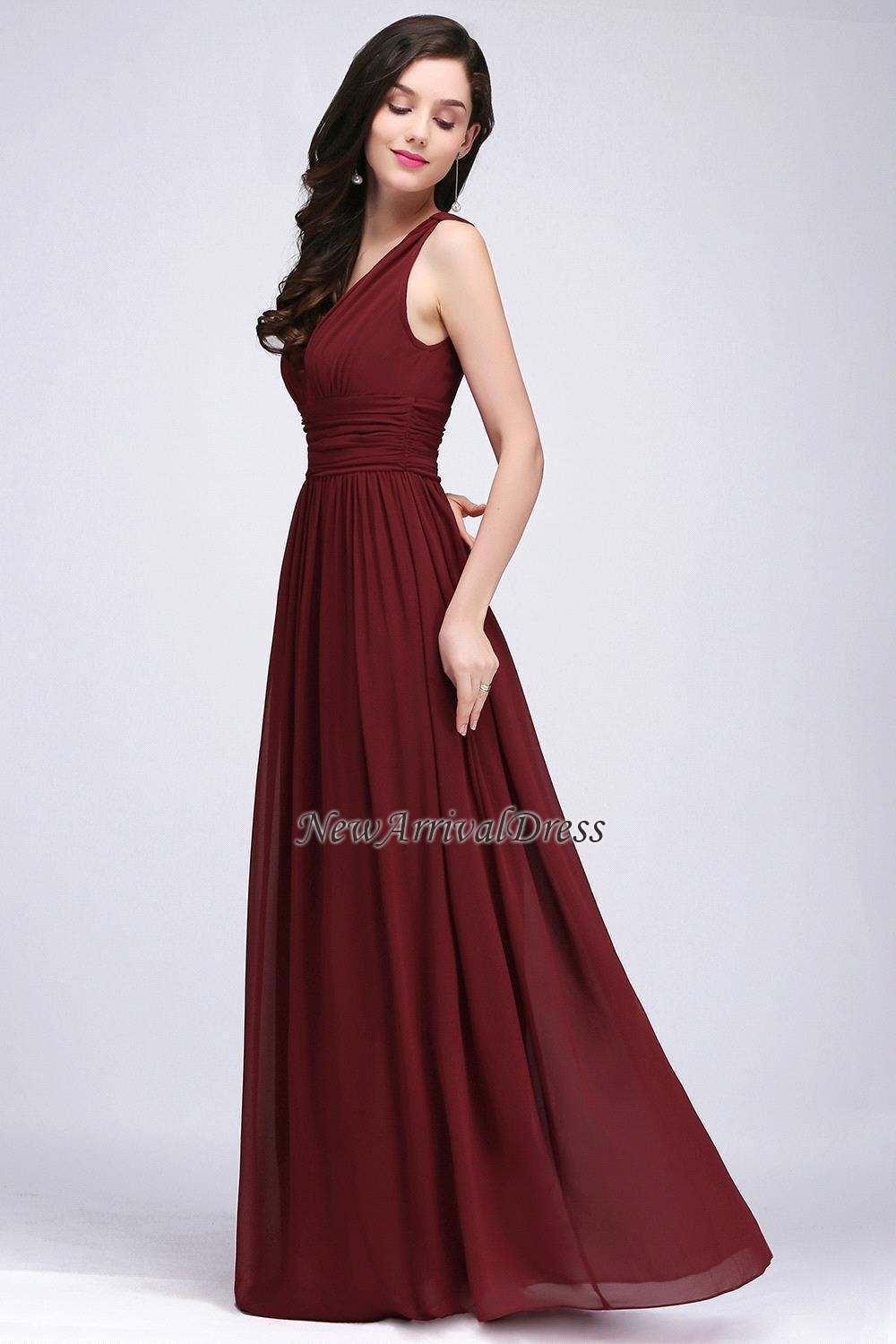 Ruched Chiffon A-line V-Neck Burgundy Evening Dresses