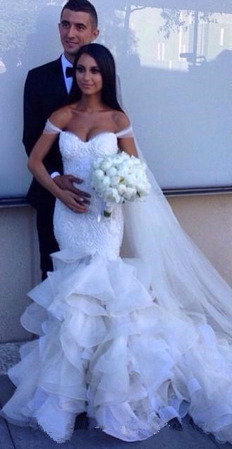 Mermaid Off The Shoulder Sexy Wedding Dresses | Ruffled Tulle Bridal Gowns with Cathedral Train-newarrivaldress
