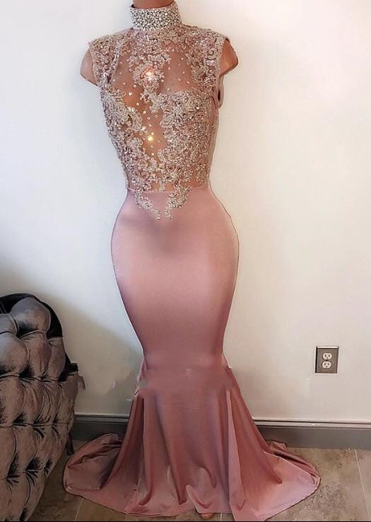 Lace Appliques Modest High Neck Sleeveless Pearls Mermaid Prom Dresses BA4598-newarrivaldress