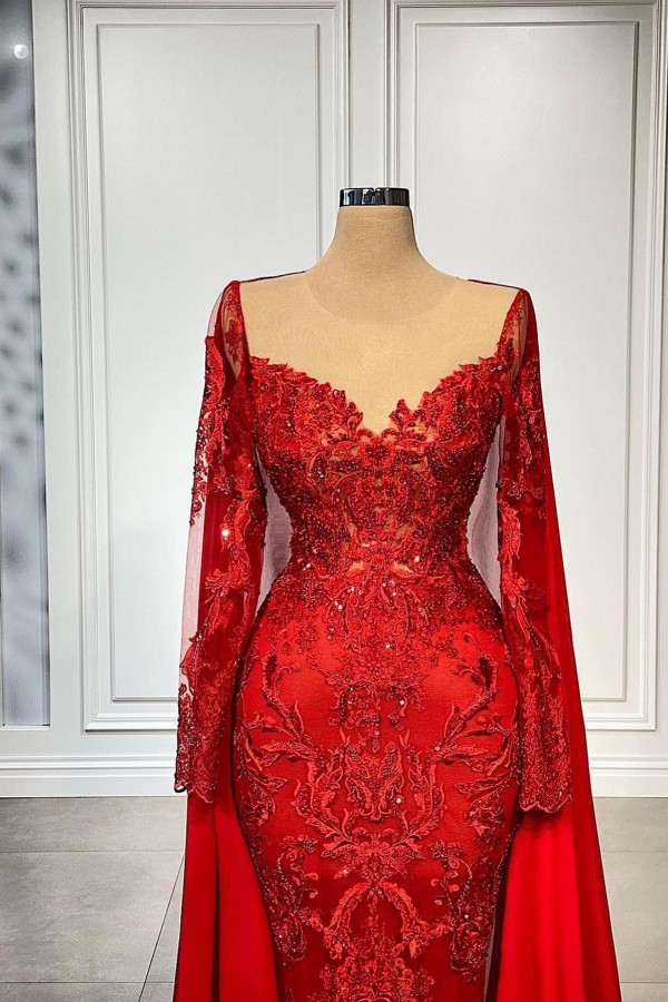 Amazing Red Mermaid Lace Evening Dress with Sweep Cape-newarrivaldress