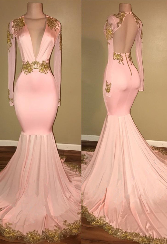 V-neck Long Sleeve Pink Mermaid Lace Prom Dresses-newarrivaldress