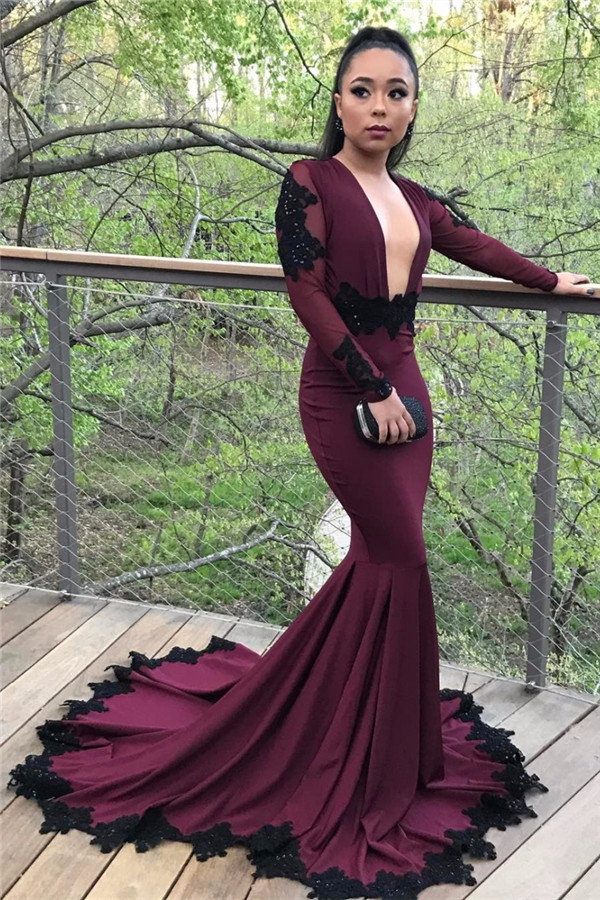 Long Mermaid Long Sleeve Prom Dresses | Appliques Open Back Formal Dresses with Beads SK0041-newarrivaldress