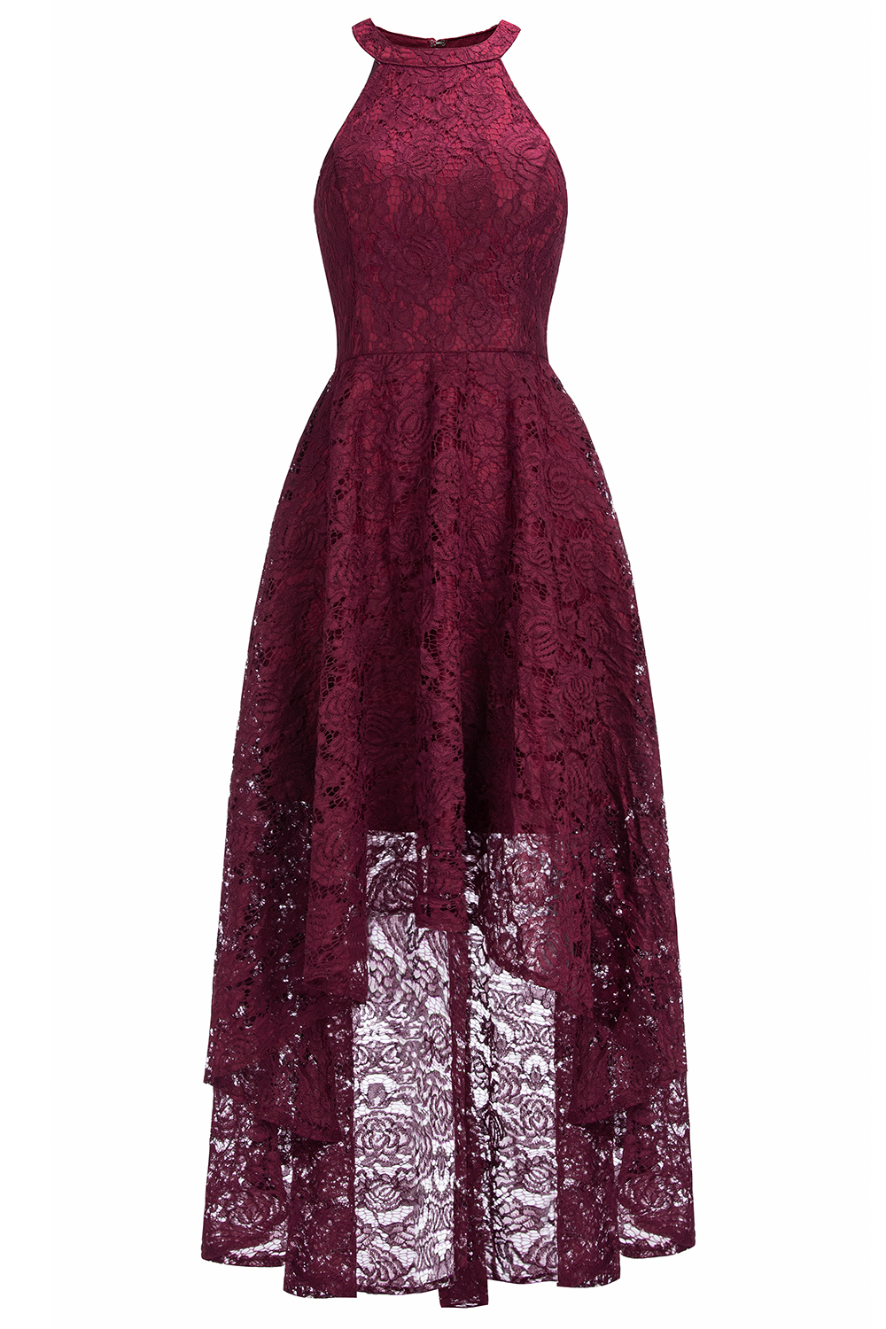 Halter Sleeveless Sheath Asymmetrical Burgundy Lace Dresses-newarrivaldress