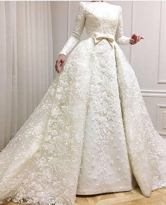 Luxury Beaded Lace-Applique Long-Sleeves Jewel Ball-Gown Wedding Dresses with Over-Skirt CD0071-newarrivaldress