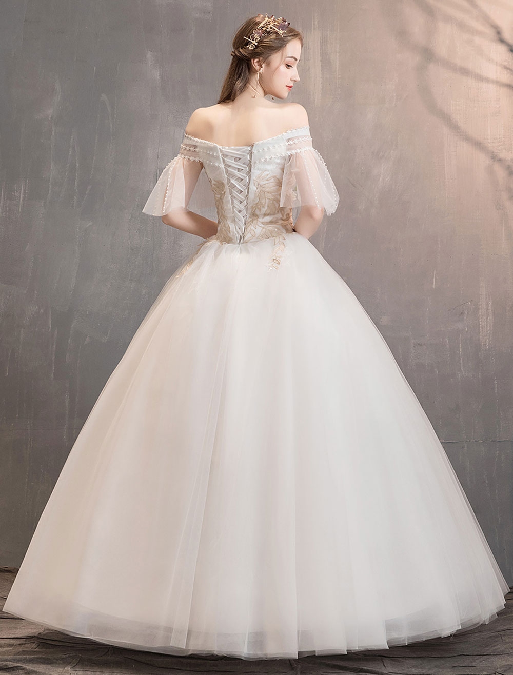 Princess Wedding Dress Ivory Off The Shoulder Floor Length Bridal Gown-newarrivaldress