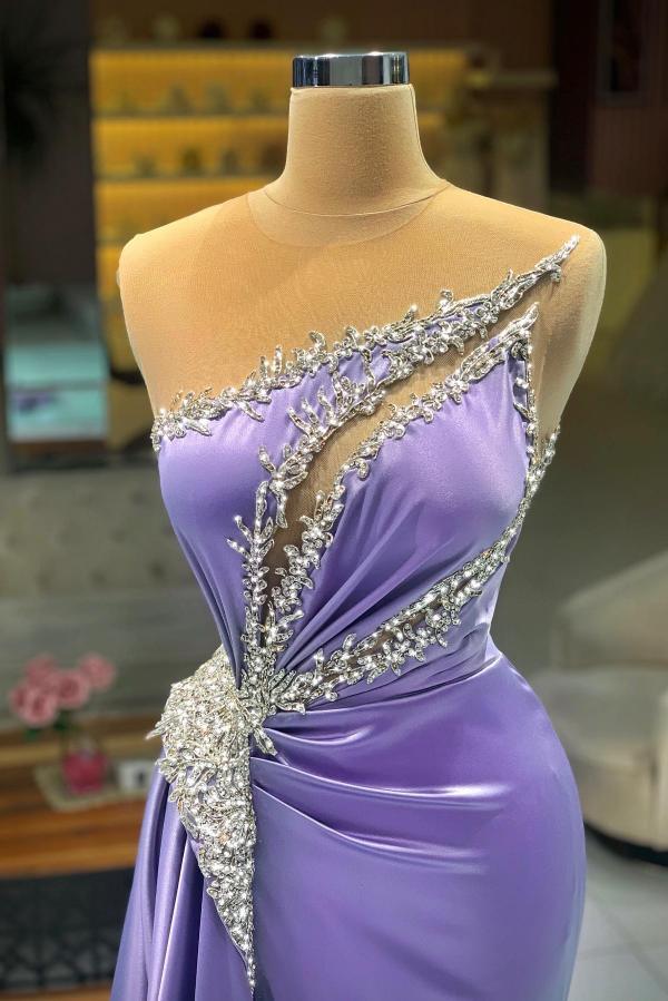 Charming Sleeveless Crystals Satin Mermaid Evening Gown with Sweep Train-newarrivaldress