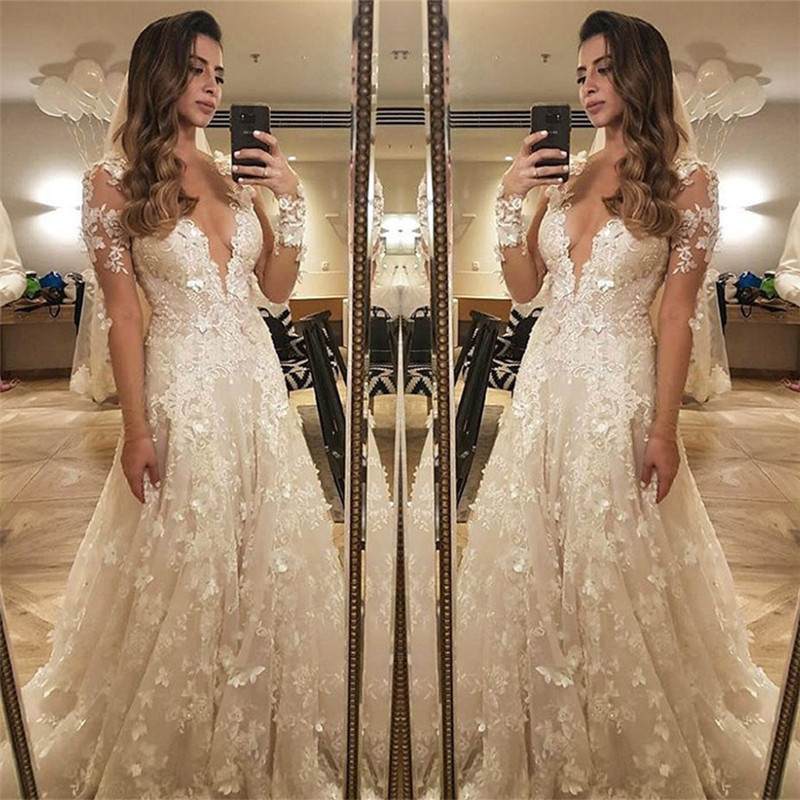 Flowers Lace Long Sleeve Wedding Dress Illusion Amazing Bride Dress-newarrivaldress