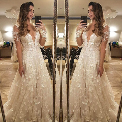 Flowers Lace Long Sleeve Wedding Dress Illusion Amazing Bride Dress-newarrivaldress