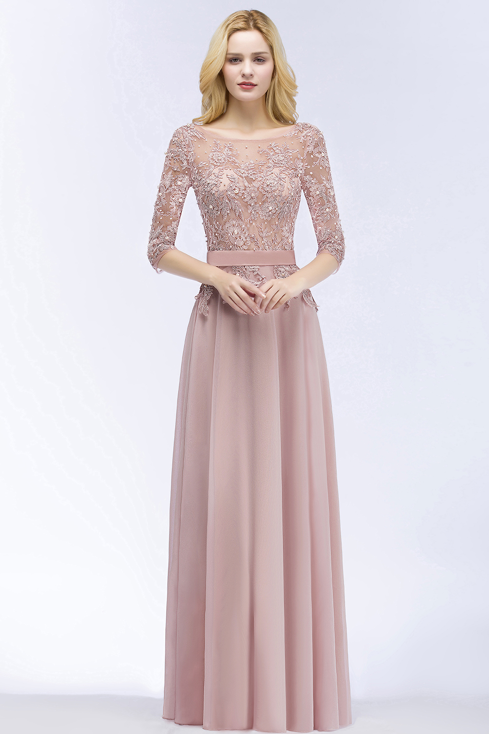 PAMELA | A-line Floor Length Half Sleeves Appliques Bridesmaid Dresses with Sash-newarrivaldress