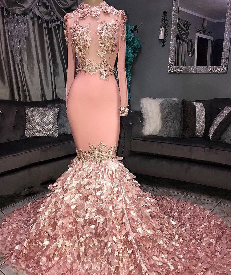 Glamorous Round Neck Flowers Long Sleeve Sequins Mermaid Long Prom Dresses-newarrivaldress