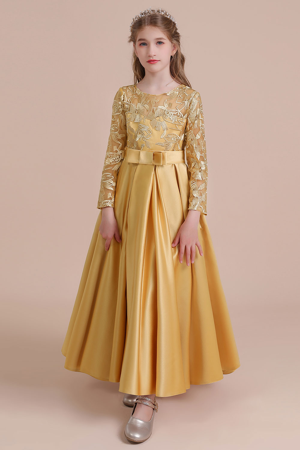 Ankle Length Flower Girl Dress for Weddings| Long Sleeve Satin Little Girls Dress-newarrivaldress