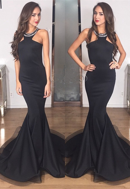 Sexy Black Mermaid Sleeveless Jewel Sweep Train Prom Dress-newarrivaldress