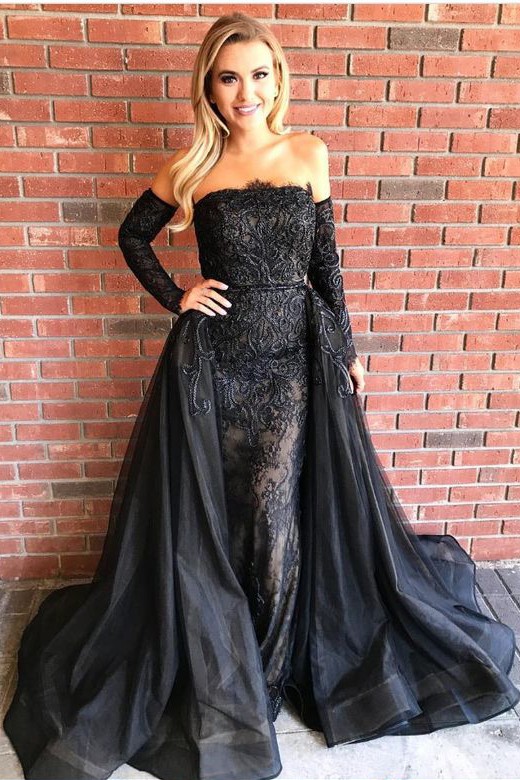 Over-Skirt Black Strapless Gorgeous Sheath Embroideries Prom Dresses-newarrivaldress