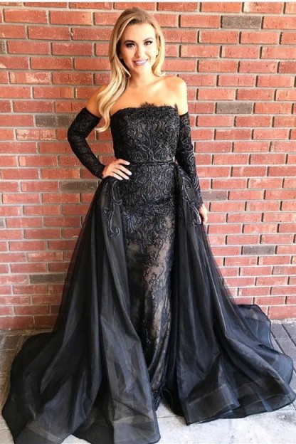 Over-Skirt Black Strapless Gorgeous Sheath Embroideries Prom Dresses-newarrivaldress