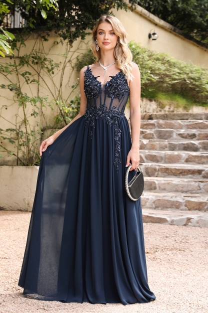 Elegant Sleeveless Navy Blue A-line Evening Dress Lace Appliques Chiffon Simple Bridesmaid Dress-newarrivaldress