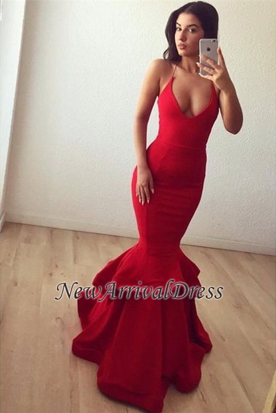Ruffles Red Sexy Spaghetti-strap Sleeveless Long Prom Dress-newarrivaldress