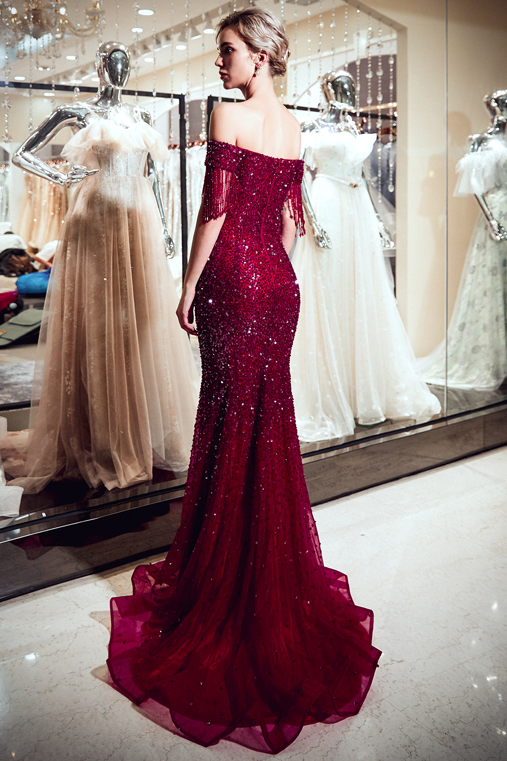 Off-the-shoulder V-neck Mermaid Floor Length Sequins Evening Dresses-newarrivaldress