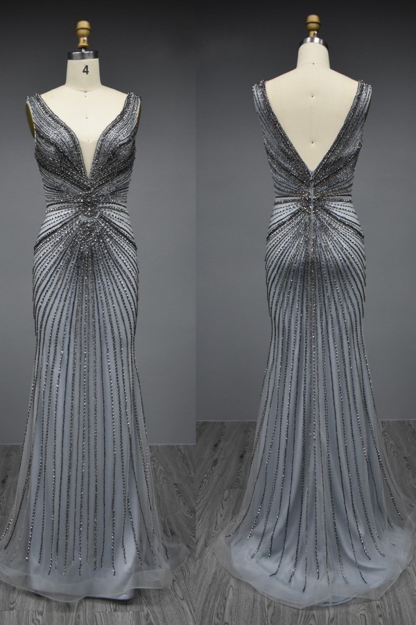 Charming Deep V-Neck Beadings Sleeveless Long Evening Dress Backless Slim Prom Dress-newarrivaldress
