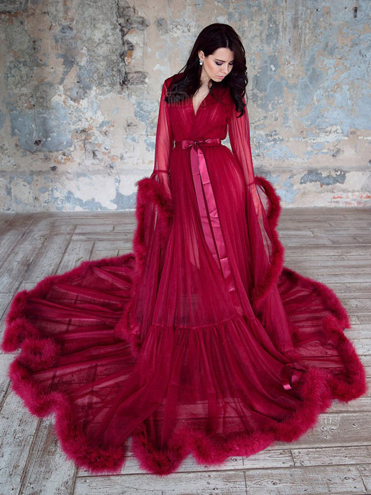 Maternity Wedding Dress Burgundy V-Neck Long Sleeves Tulle Long Bridge Gowns With Train-newarrivaldress