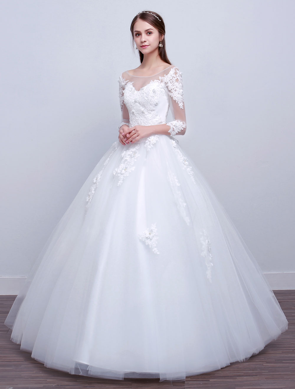 Princess Ball Gown Wedding Dresses Long Sleeve Lace Illusion Ivory Floor Length Bridal Dress-newarrivaldress