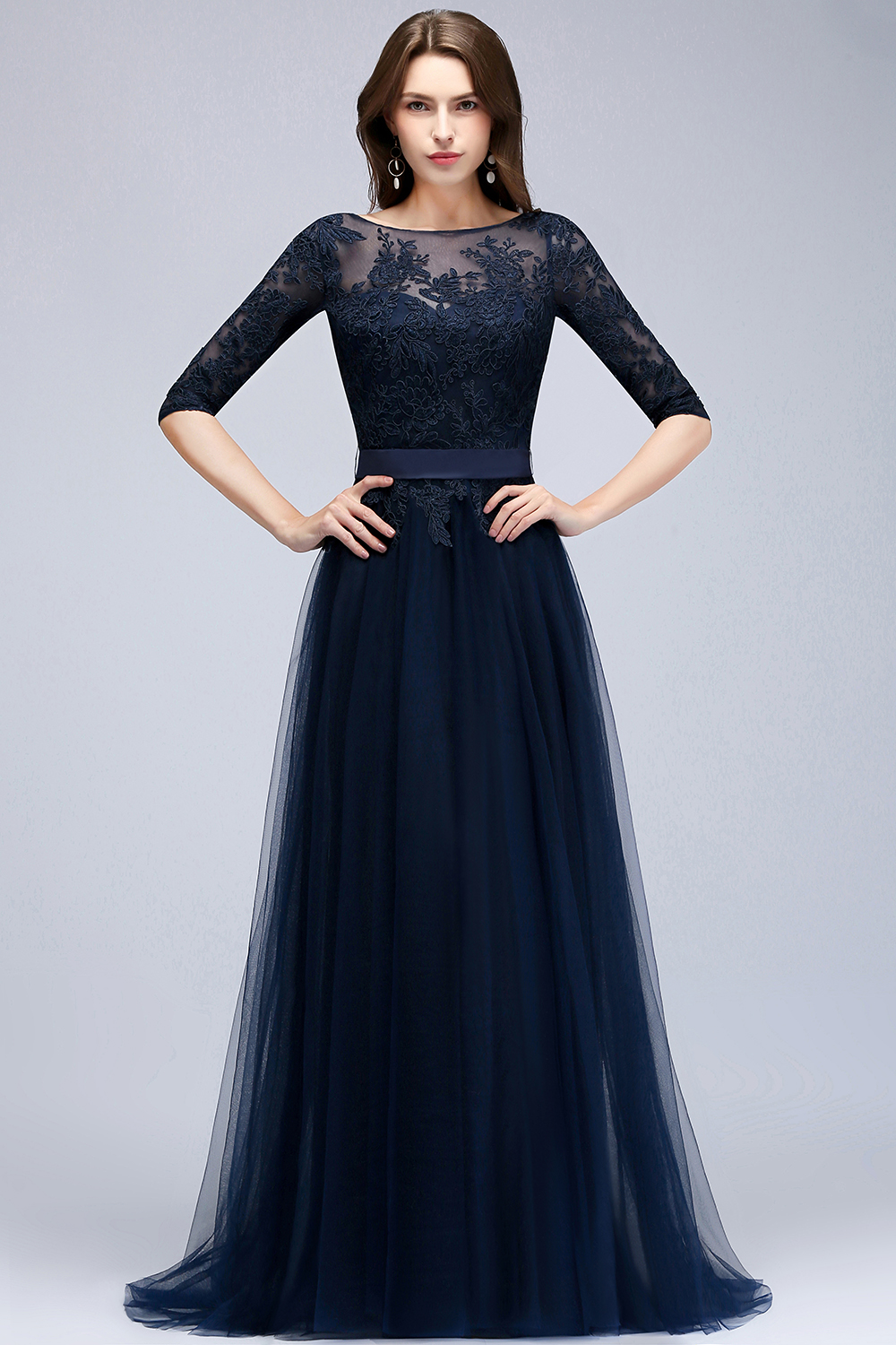 NANA | A-line Half Sleeves Floor Length Slit Appliqued Tulle Prom Dresses with Sash-newarrivaldress