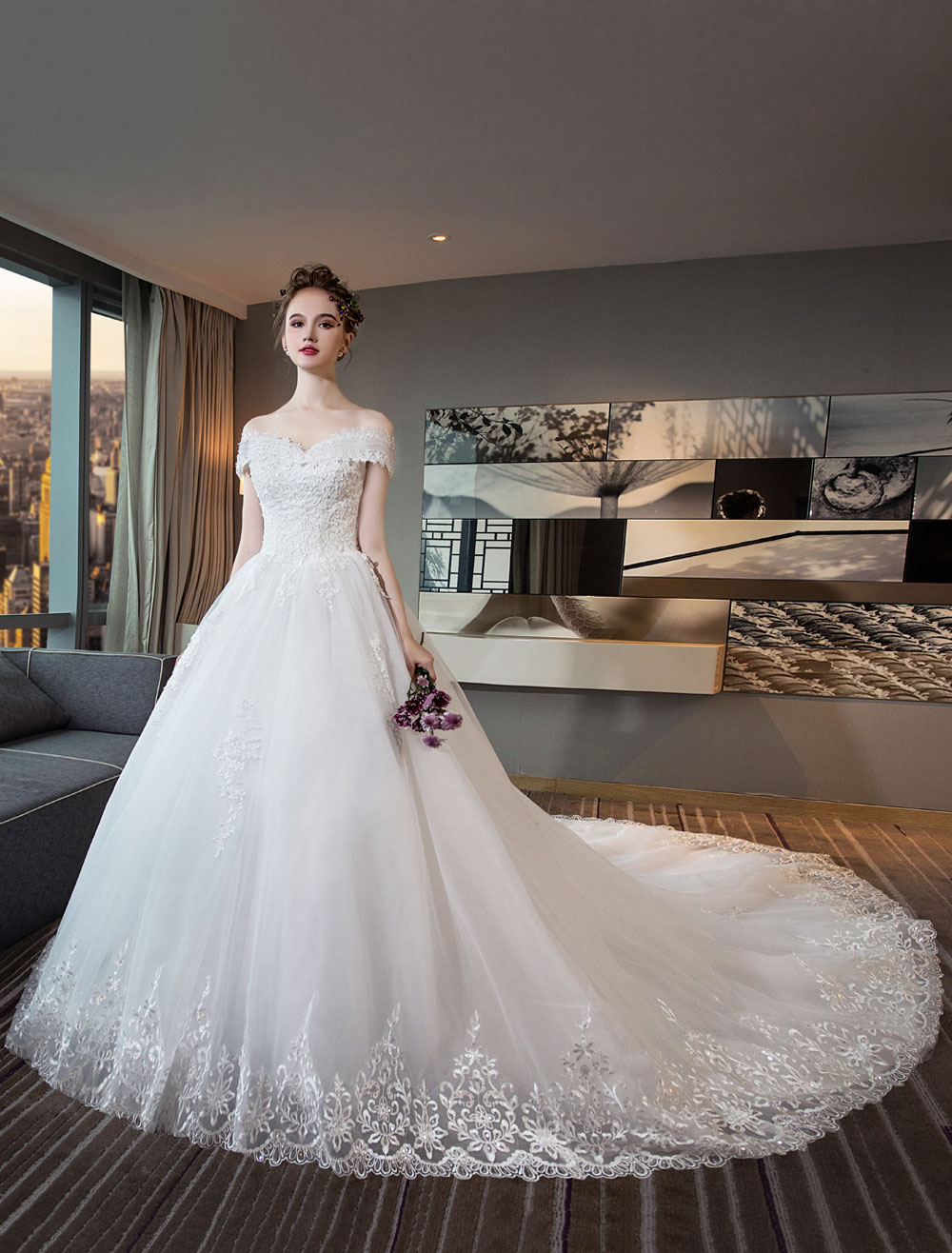 Ivory Wedding Dresses Off The Shoulder Lace Beading Cathedral Train Bridal Dress-newarrivaldress