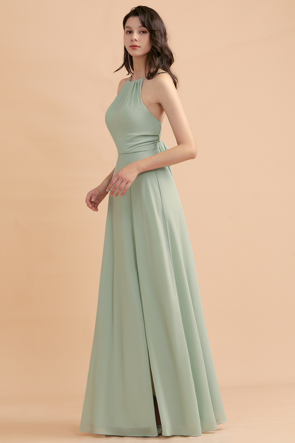 Dusty Sage Halter Long Bridesmaid Dress Sleeveless Side Slit Wedding Party Dress-newarrivaldress