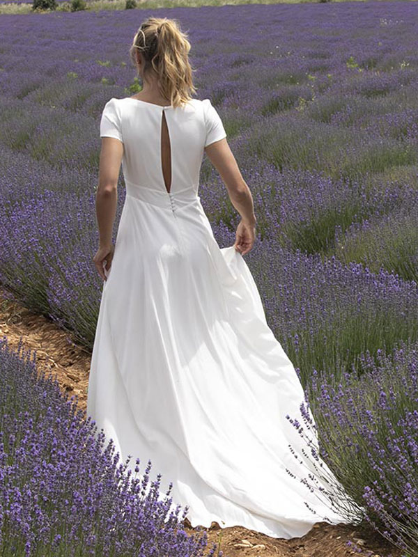 Wedding Dress With Train V Neck Short Sleeves Buttons Floor Length Bridal Dresses-newarrivaldress