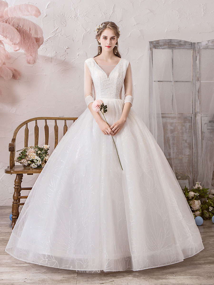 Wedding Dress Princess Silhouette Floor Length V Neck Sleeveless Natural Waist Beaded Lycra Spandex Bridal Gowns-newarrivaldress