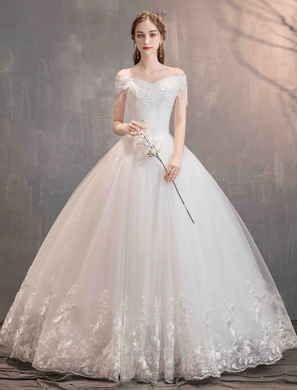 Tulle Wedding Dresses Princess Bridal Gown Off The Shoulder Lace Applique Floor Length Ball Gown Bridal Dress-newarrivaldress