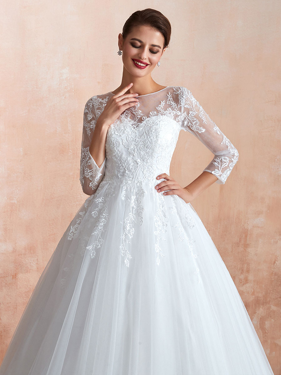 Wedding Gown 2021 3/4 Sleeve Jewel Neck Lace Appliqued Beaded Ball Gown Bridal Wedding Dress With Train-newarrivaldress