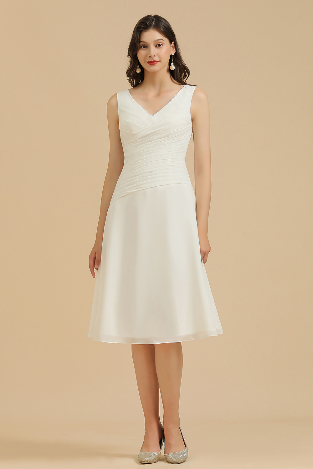 White Sleeveless Chiffon Knee Length Party Dress Daily Casual Dress-newarrivaldress