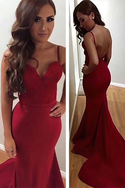 Sexy Burgundy Mermaid Prom Dress Spaghetti Straps Sweetheart Backless Party Dress-newarrivaldress