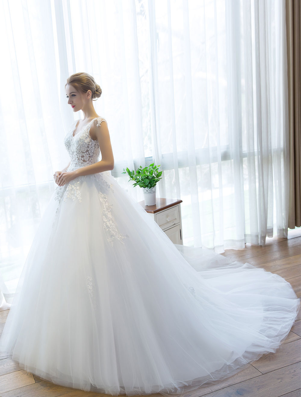 Wedding Dresses Princess Ball Gown Ivory Bridal Gown V Neck Illusion Backless Lace Applique Tulle Bridal Dress With Train-newarrivaldress