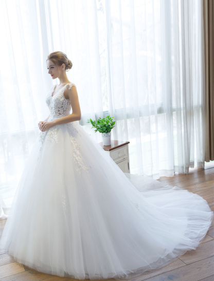 Wedding Dresses Princess Ball Gown Ivory Bridal Gown V Neck Illusion Backless Lace Applique Tulle Bridal Dress With Train-newarrivaldress