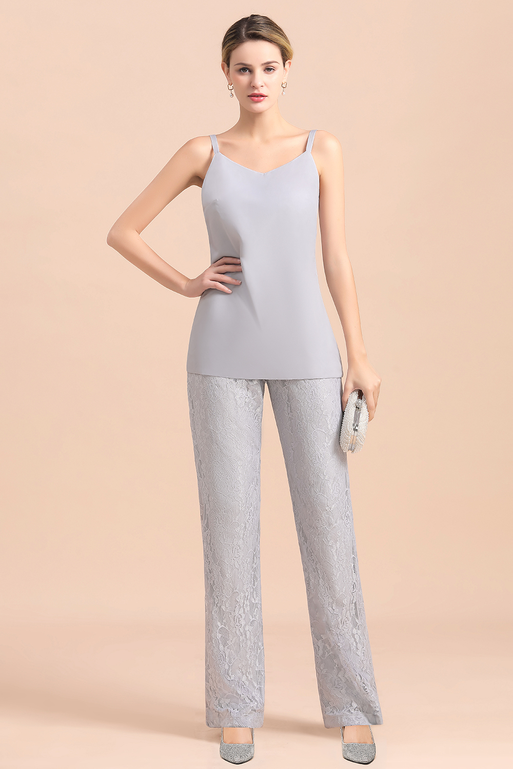 Silver Mother of Bride Pant Suits with Jacket Lace Appliques Wedding Guest Wear Outfits-newarrivaldress