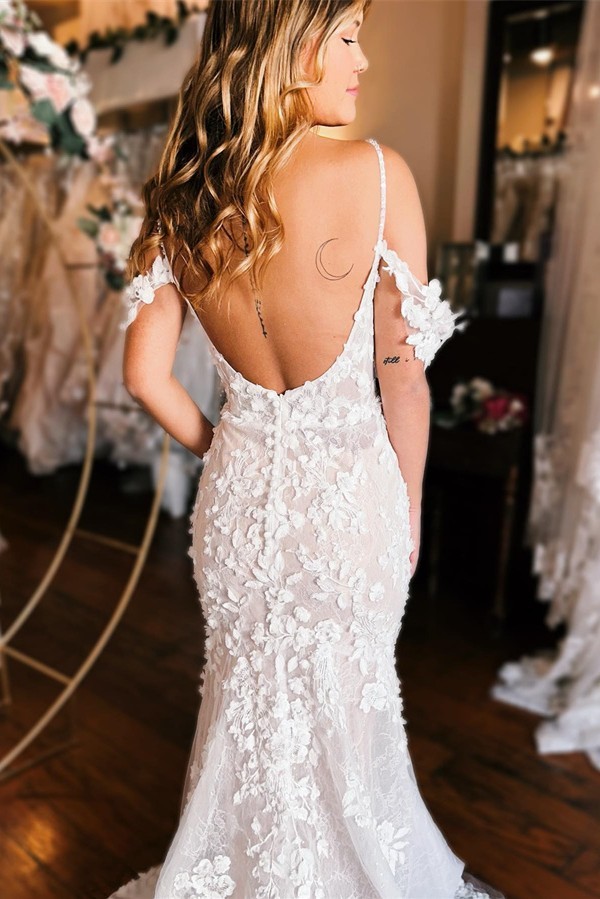 Off-the-Shoulder Flower Tulle Lace Mermaid Wedding Dress with Spaghetti Straps-newarrivaldress