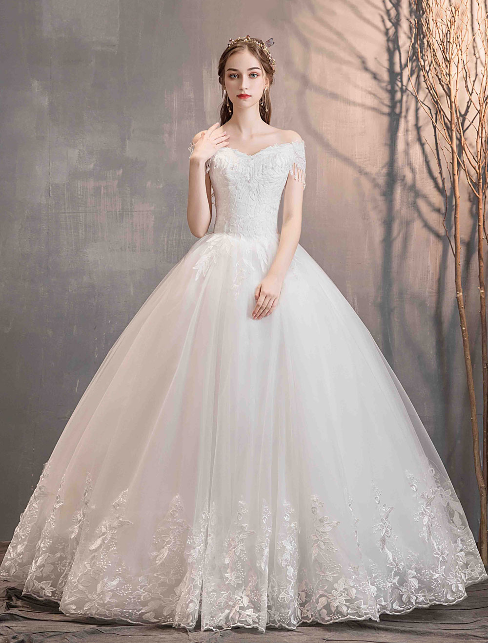Tulle Wedding Dresses Princess Bridal Gown Off The Shoulder Lace Applique Floor Length Ball Gown Bridal Dress-newarrivaldress