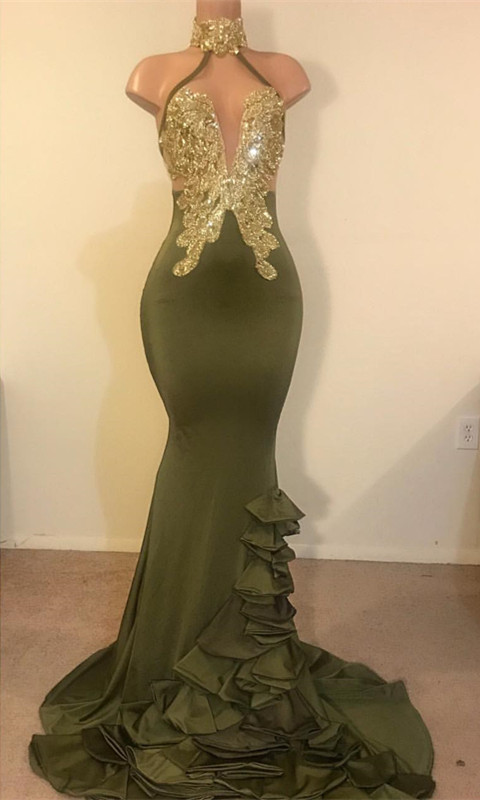 Sheath High Neck Ruffles Gold Beads Sequins Prom Dresses with Appliques-newarrivaldress