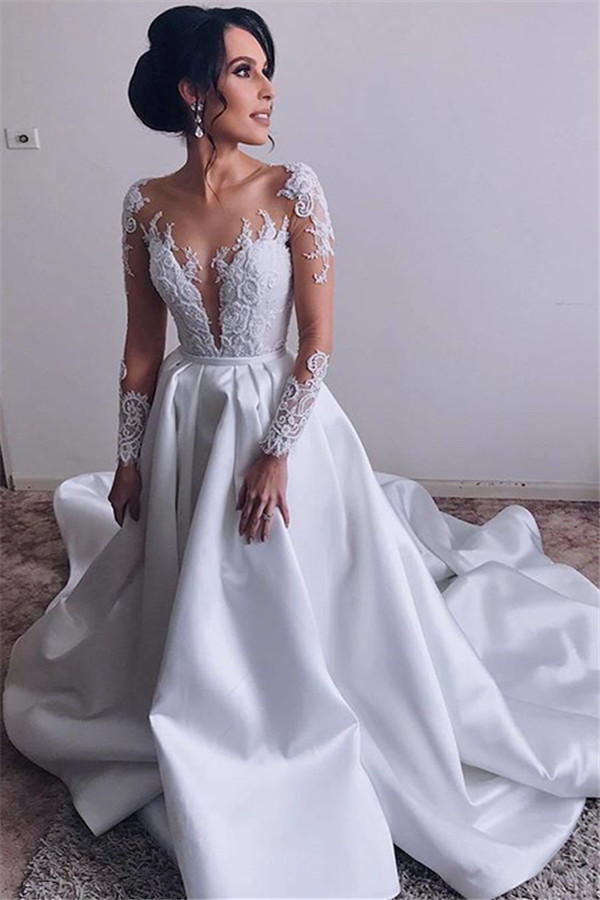 Elegant Satin Long Sleeves Wedding Dresses | 2021 Lace A-Line Bridal Gowns-newarrivaldress