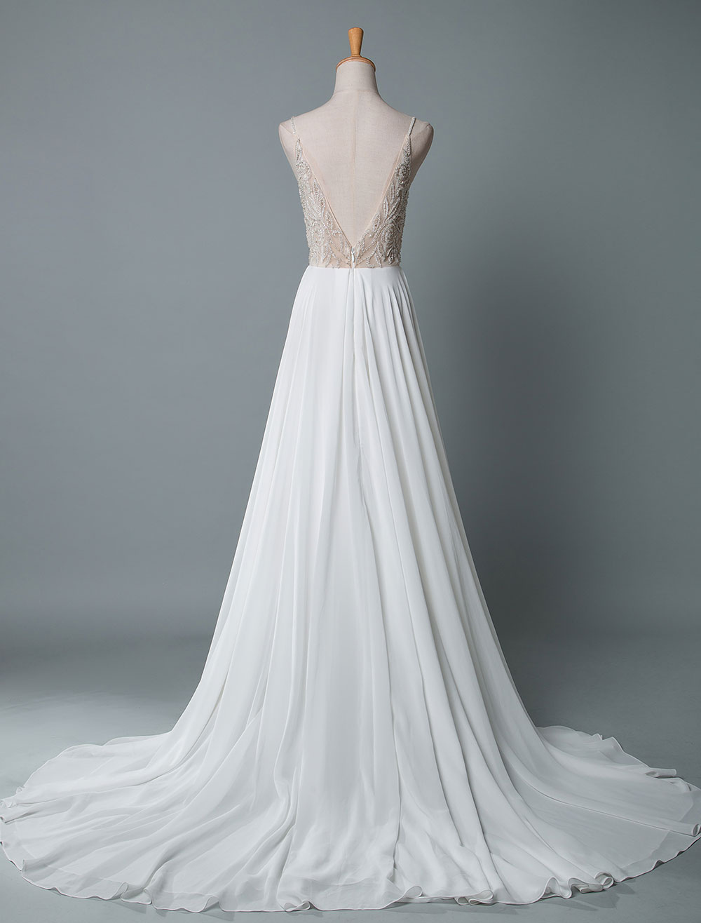 Simple Wedding Dress A Line V Neck Sleeveless Embroidered Chiffon Bridal Dresses With Train-newarrivaldress