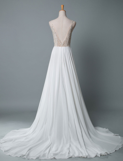 Simple Wedding Dress A Line V Neck Sleeveless Embroidered Chiffon Bridal Dresses With Train-newarrivaldress