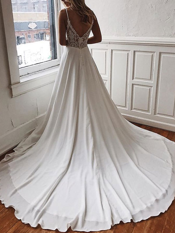 Simple Wedding Dress A Line V Neck Sleeveless Straps Back Lace Boho Bridal Dresses With Train-newarrivaldress